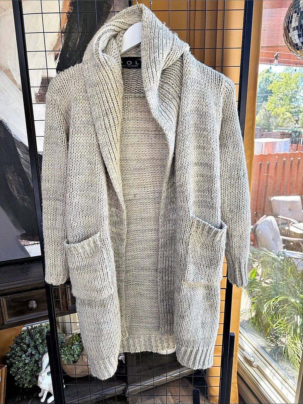 POL Hooded Cardigan in Gray & Cream Size Small Like New